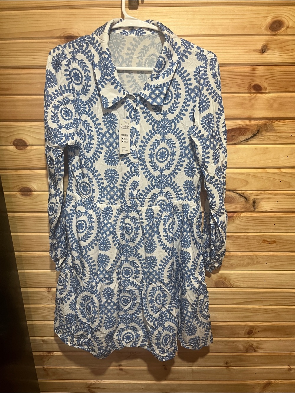 Cupshe Blue & White Printed Long-Sleeve Tiered Shirt Dress